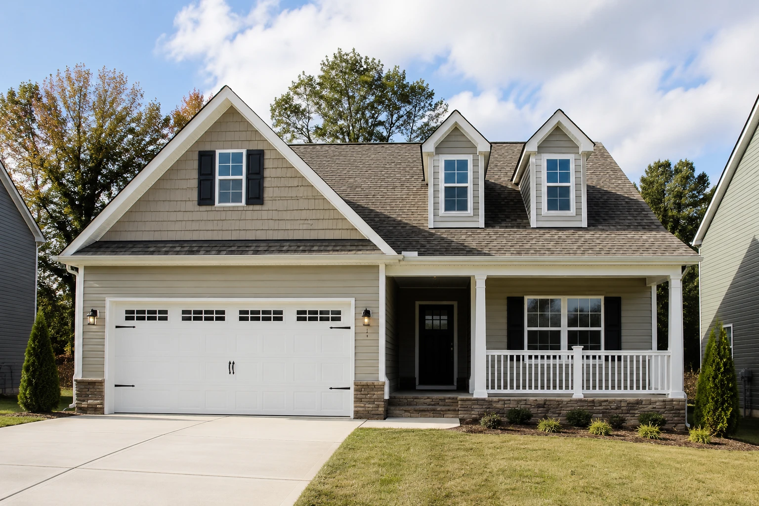 A well-kept suburban Tennessee home with a covered front porch