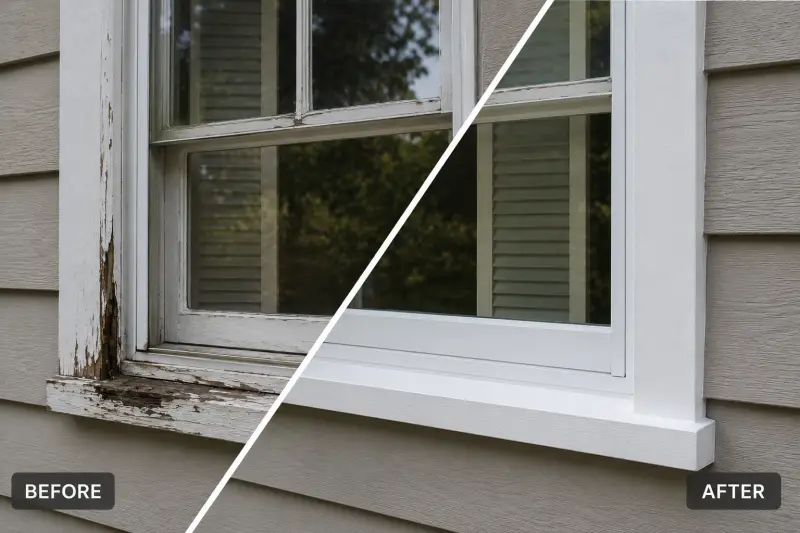 Window sill and frame before and after wood rot repair and repainting