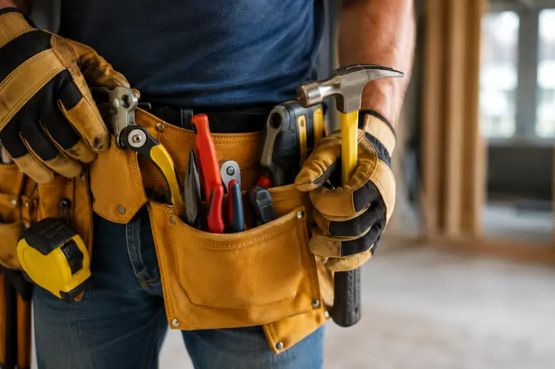 Handyman tool belt with hammer, pliers and tape measure on a home repair job