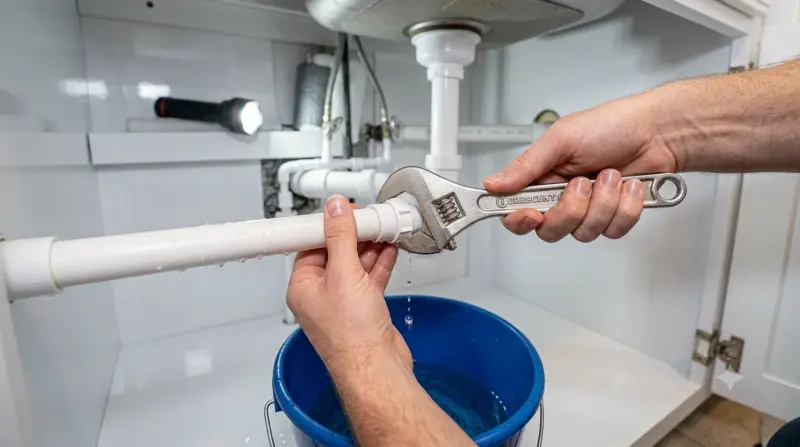 Adjustable wrench tightening a leaking pipe under a kitchen sink