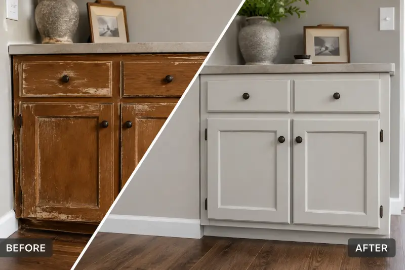 Kitchen cabinets before and after being refinished and repainted